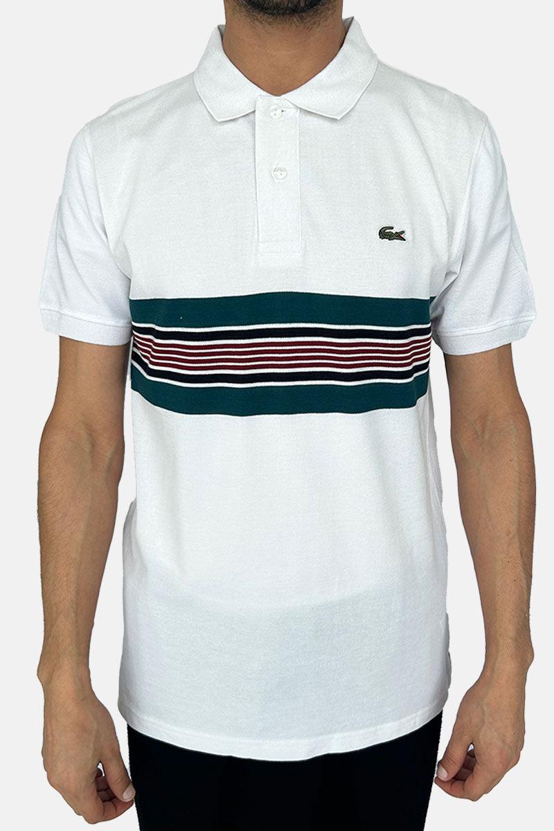 T-SHIRT POLO LACOSTE BLANC À RAYURES MULTIPLES