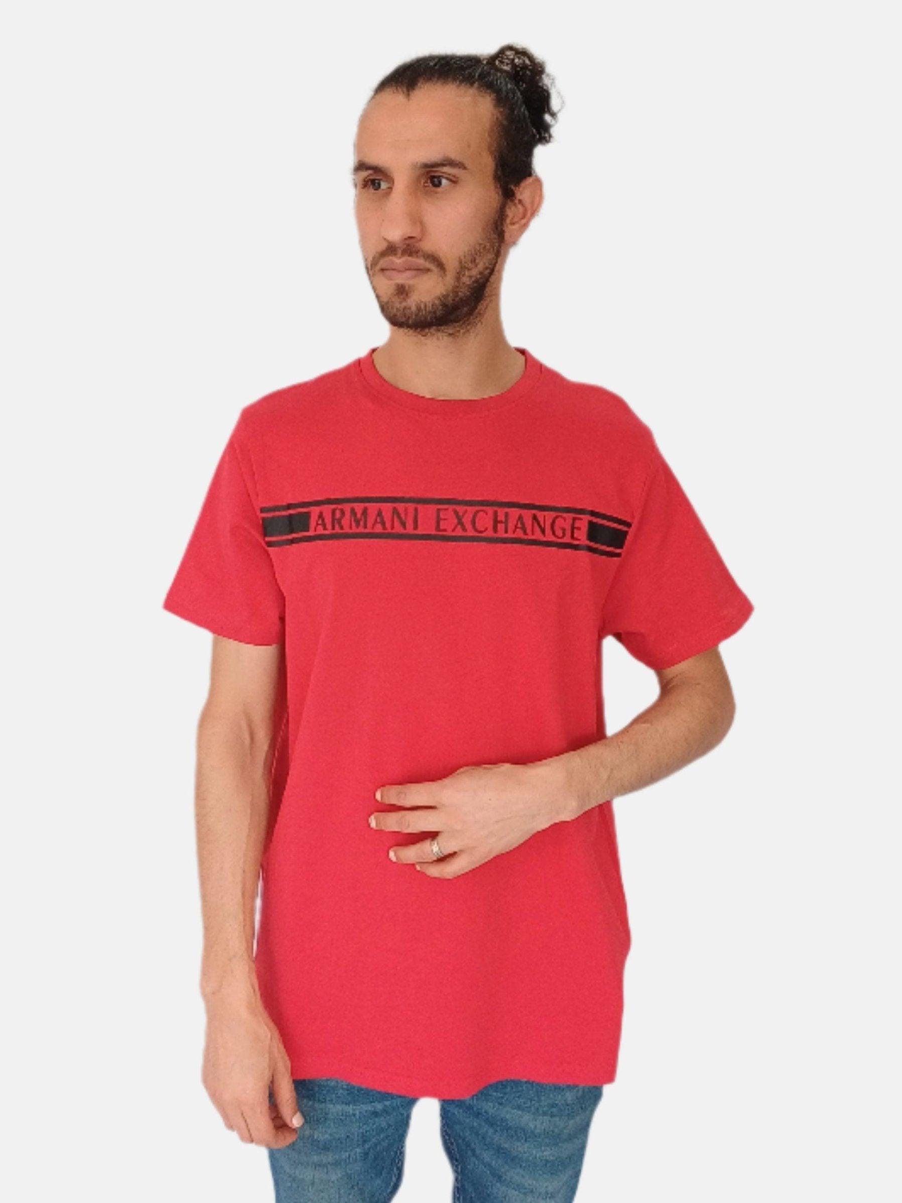 L-Red Black Printed Armani Exchange Round Neck T-shirt