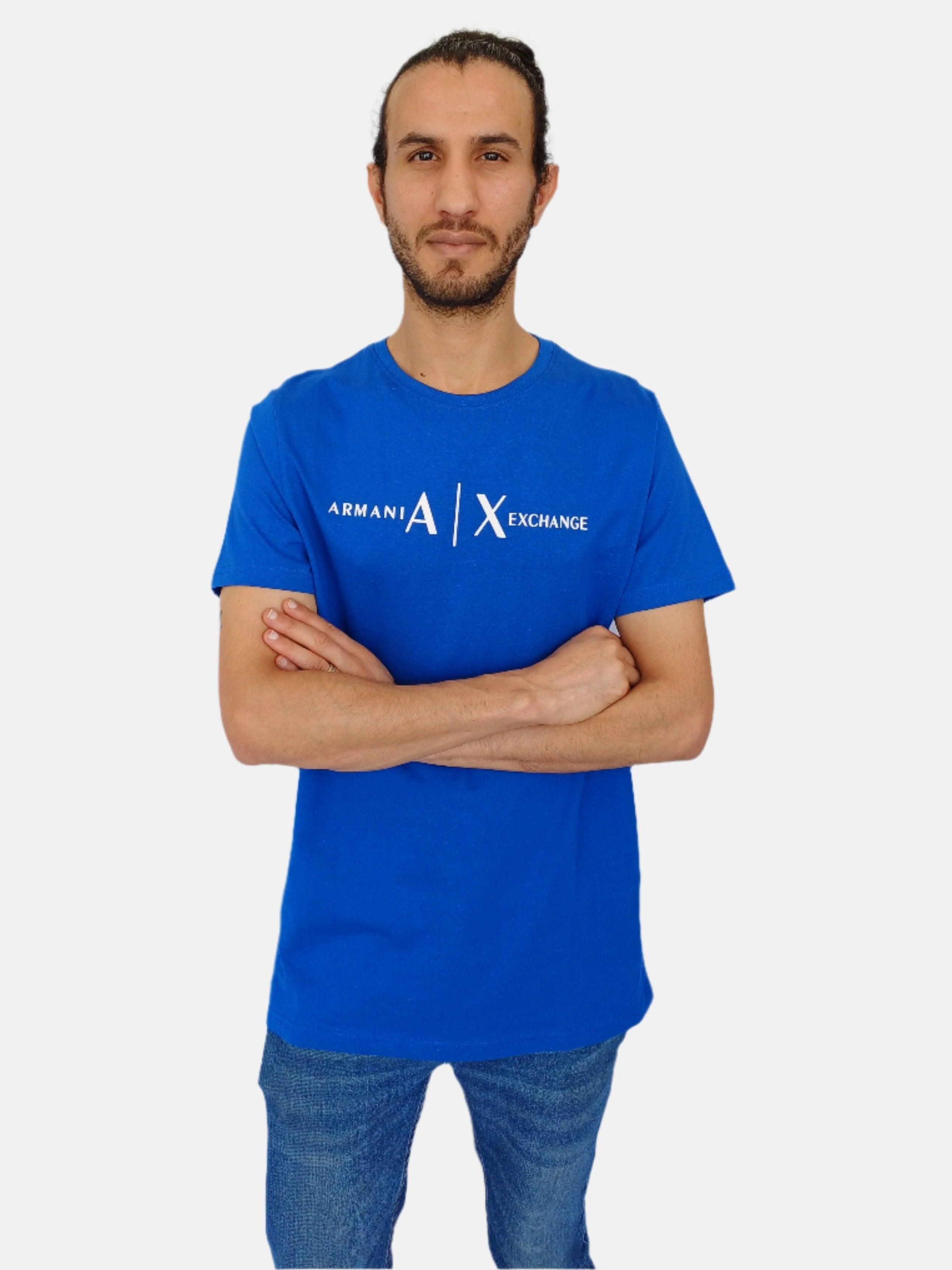 Blue AX White Printed Armani Exchange Round Neck T-shirt