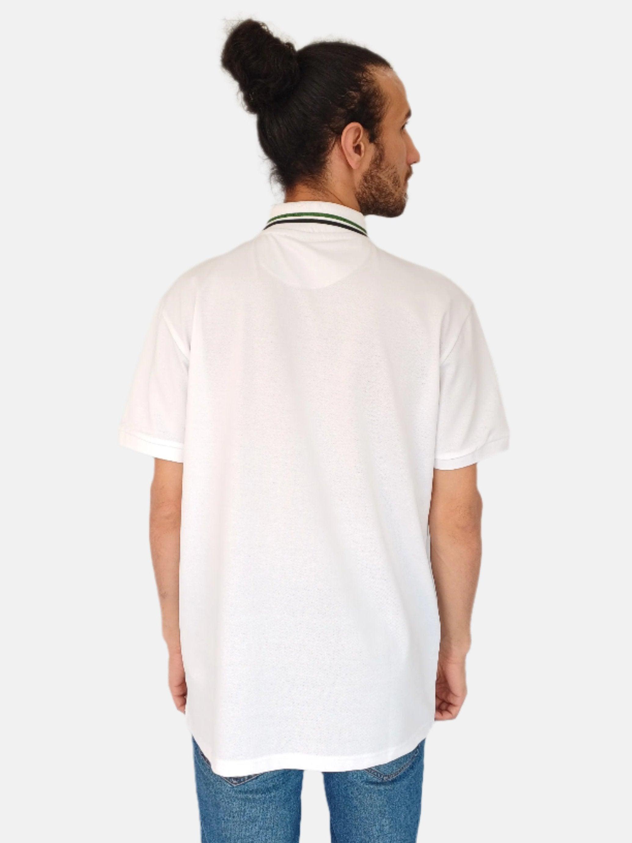 تي شيرت بولو مخطط باللون الأبيض والأخضر والأزرق الداكن مقاس XL